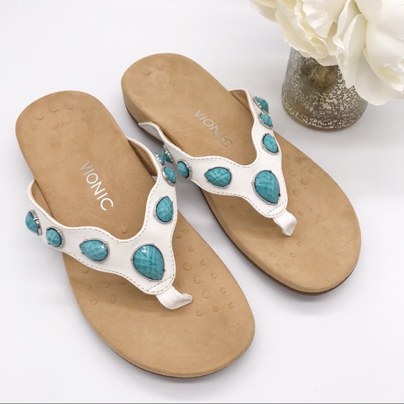 Vionic Shoes - VIONIC Eve II Thong Sandals White Turquoise Stone